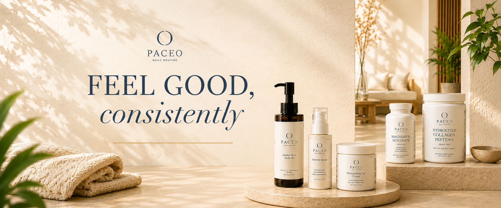 Feel Good, Consistently — Paceo daily wellness. Skincare, recovery, and supplements, simplified.