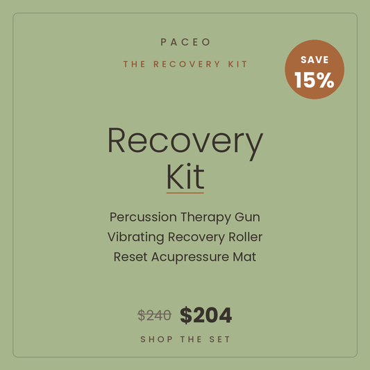 Paceo Recovery Kit Bundle — Percussion Therapy Gun, Vibrating Recovery Roller, Reset Acupressure Mat. Save 15%.