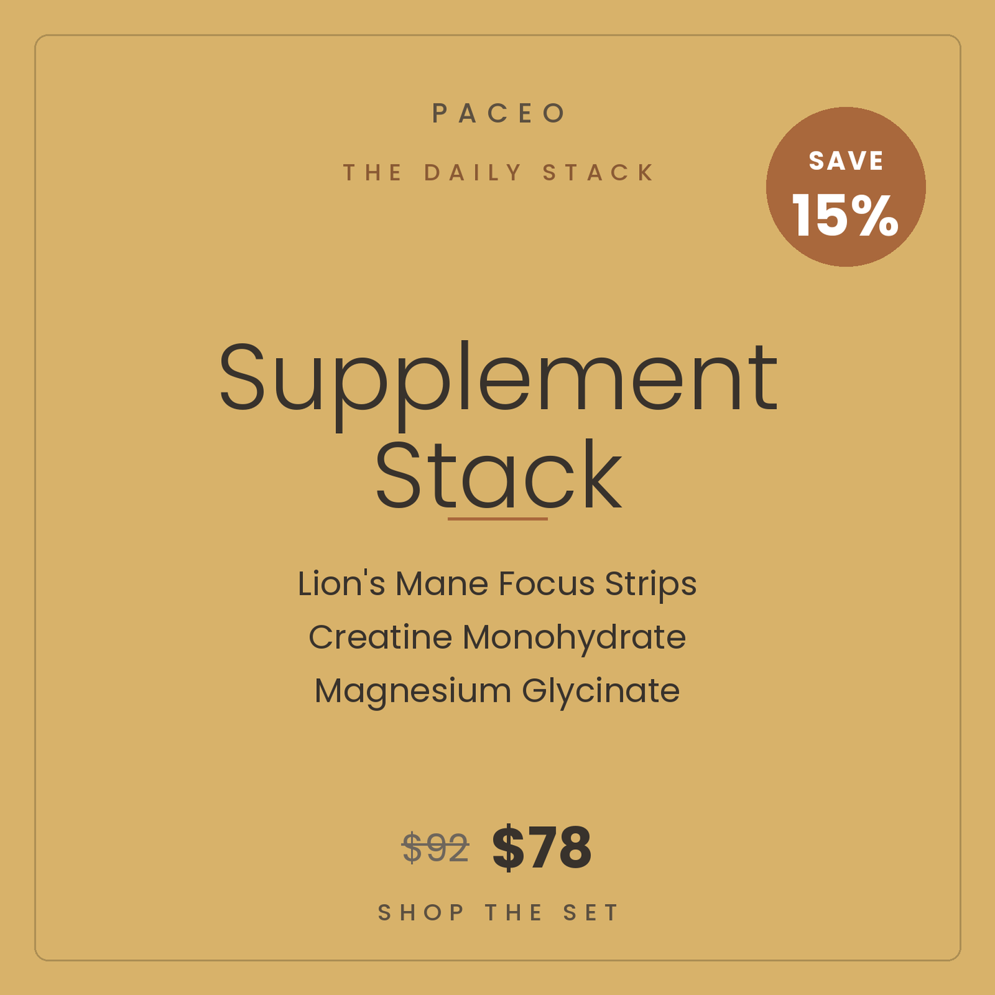 Paceo Daily Supplement Stack — Lion's Mane Focus Strips, Creatine Monohydrate, Magnesium Glycinate. Save 15%.