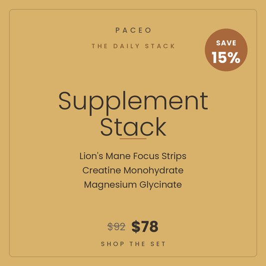 Paceo Daily Supplement Stack — Lion's Mane Focus Strips, Creatine Monohydrate, Magnesium Glycinate. Save 15%.